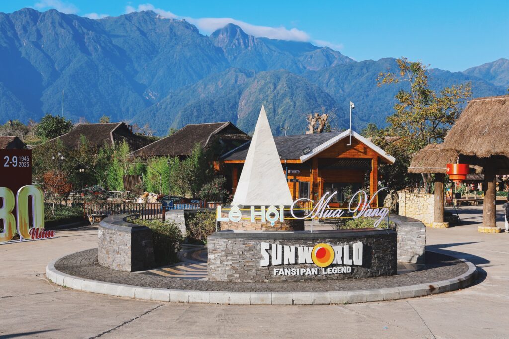Entrance of Sun World Fansipan Legend in Sa Pa with mountain view.